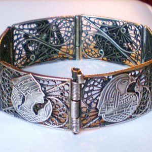 Vintage Egyptian Revival Sterling Silver 925 Filigree Bangle Bracelet 7"